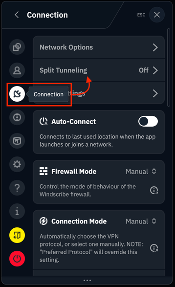 Connection menu location