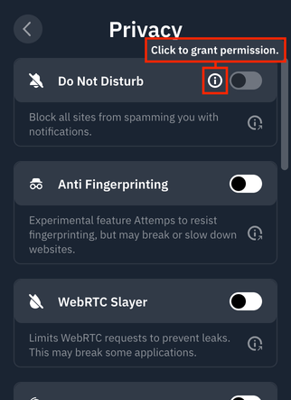 Permissions button