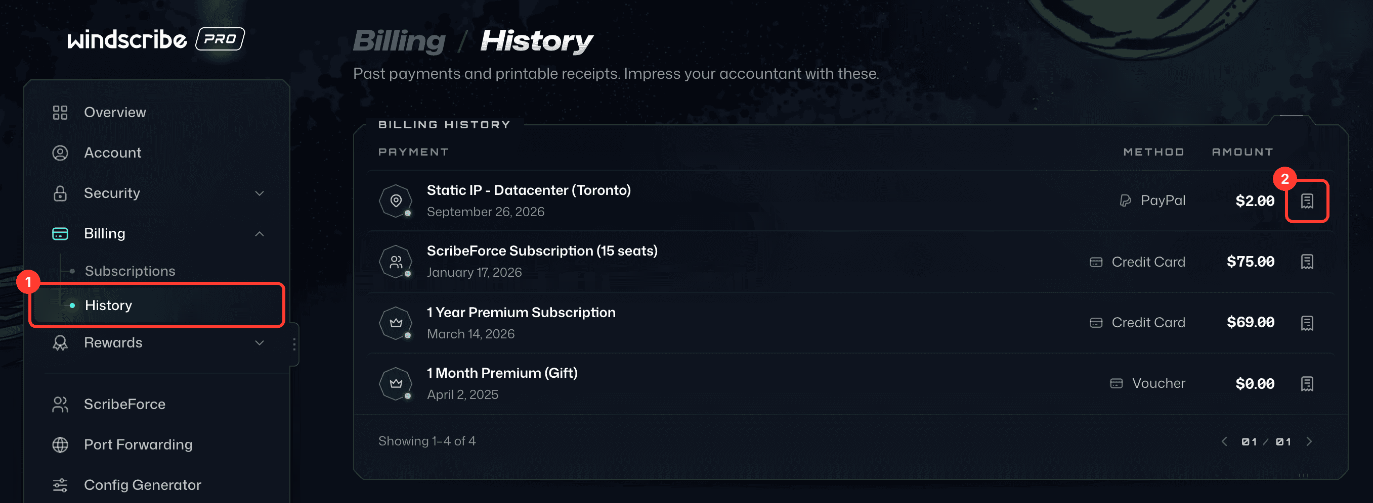 History under Billing in My Account, with History highlighted and numbered 1 in the sidebar and a payment's receipt icon numbered 2