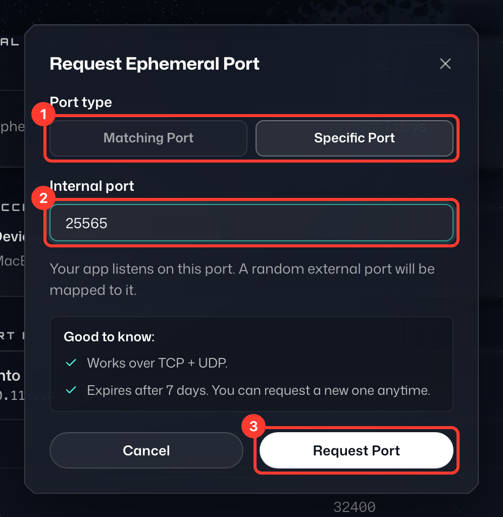 The Request Ephemeral Port window, with Port type (1), Internal port (2) and Request Port (3) highlighted